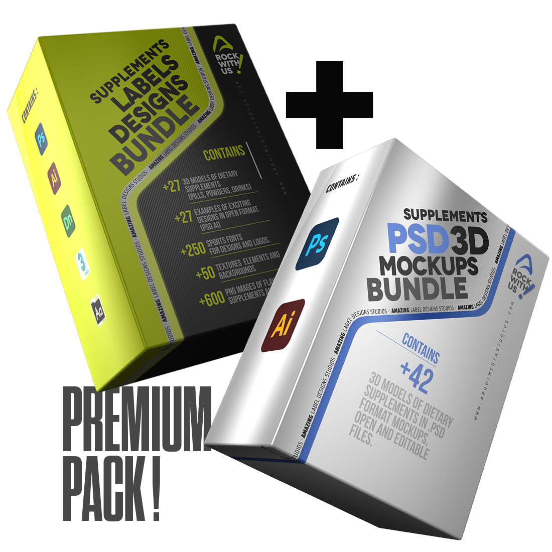 Premium Pack ! LABELS DESIGNS BUNDLE + PSD 3D MUCKUPS BUNDLE